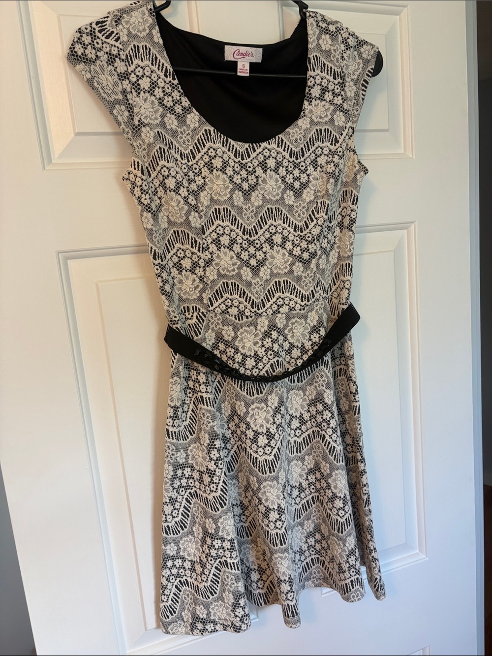 Candie's Black and White Lace-Pattern Fit & Flare Dress